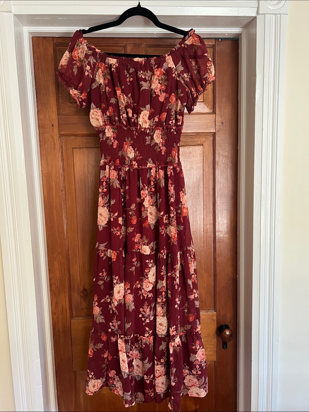 Women’s Floral Off-Shoulder Maxi Dress - Burgundy - waist stretches to 18 inches